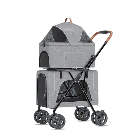 รถเข็นสัตว์เลี้ยง รุ่นพรีเมียม 2 ชั้น สีเทา